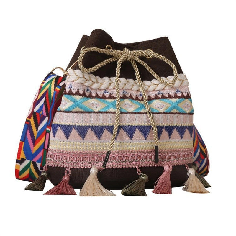 Women's Medium Canvas Geometric Ethnic Style Tassel String Bucket Bag