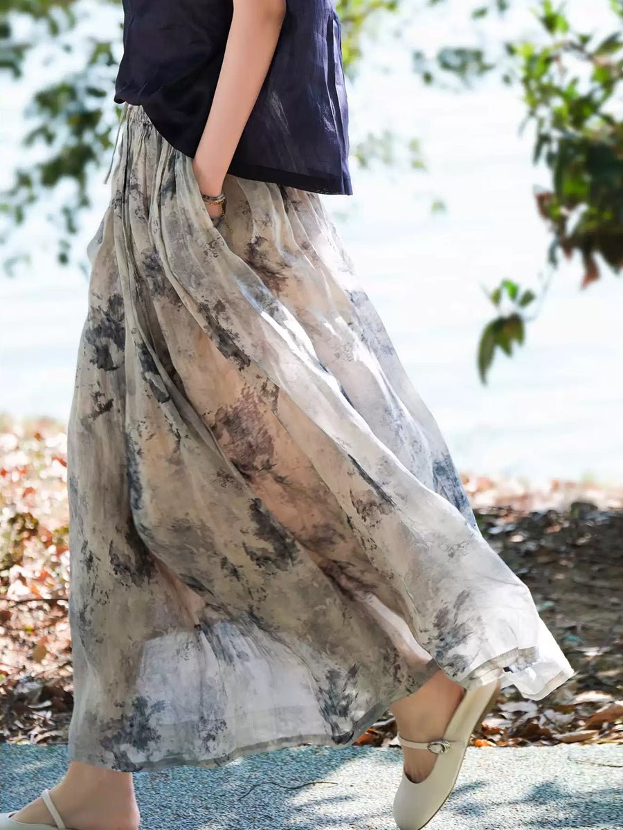 Women Summer Artsy Flower Dual-side 100%Ramie Skirt
