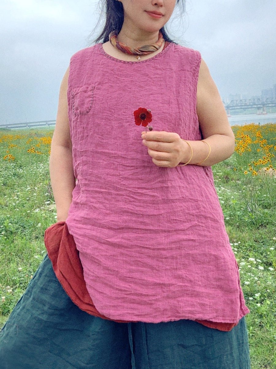 Women Summer Vintage Stitching Linen O-Neck Vest