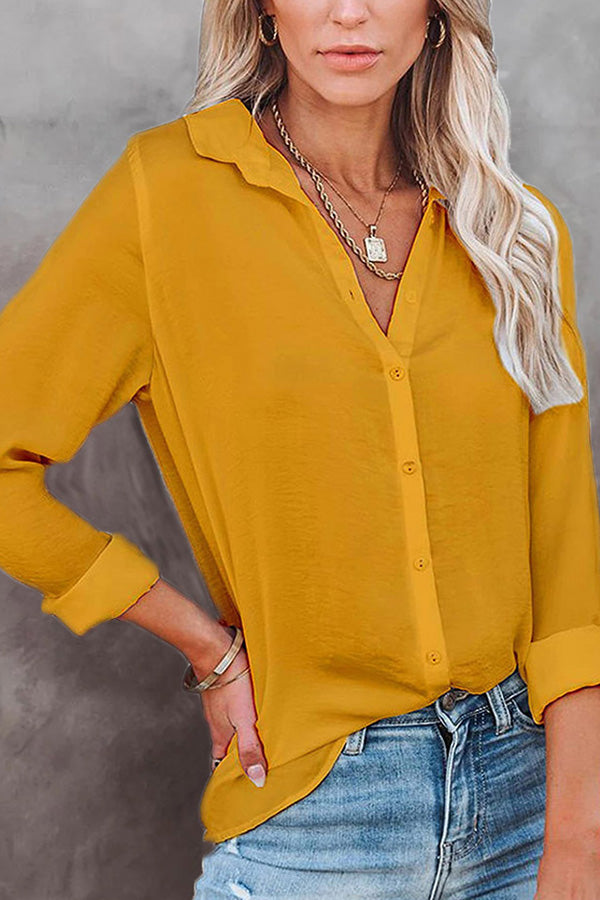 Casual Loose Long Sleeve Button V Neck Shirt Top