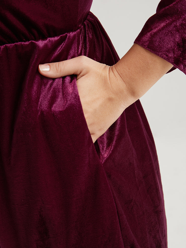 Halloween Solid Velvet Bell Sleeve Pocket Contrast Lace Ties Midi Dress
