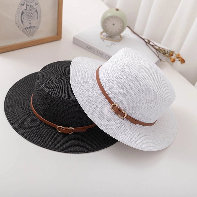 Flat Top  Hat  Summer Fashion Women's Sun Hat Sun Protection Sun Hat Paper Woven Hat Belt Hat