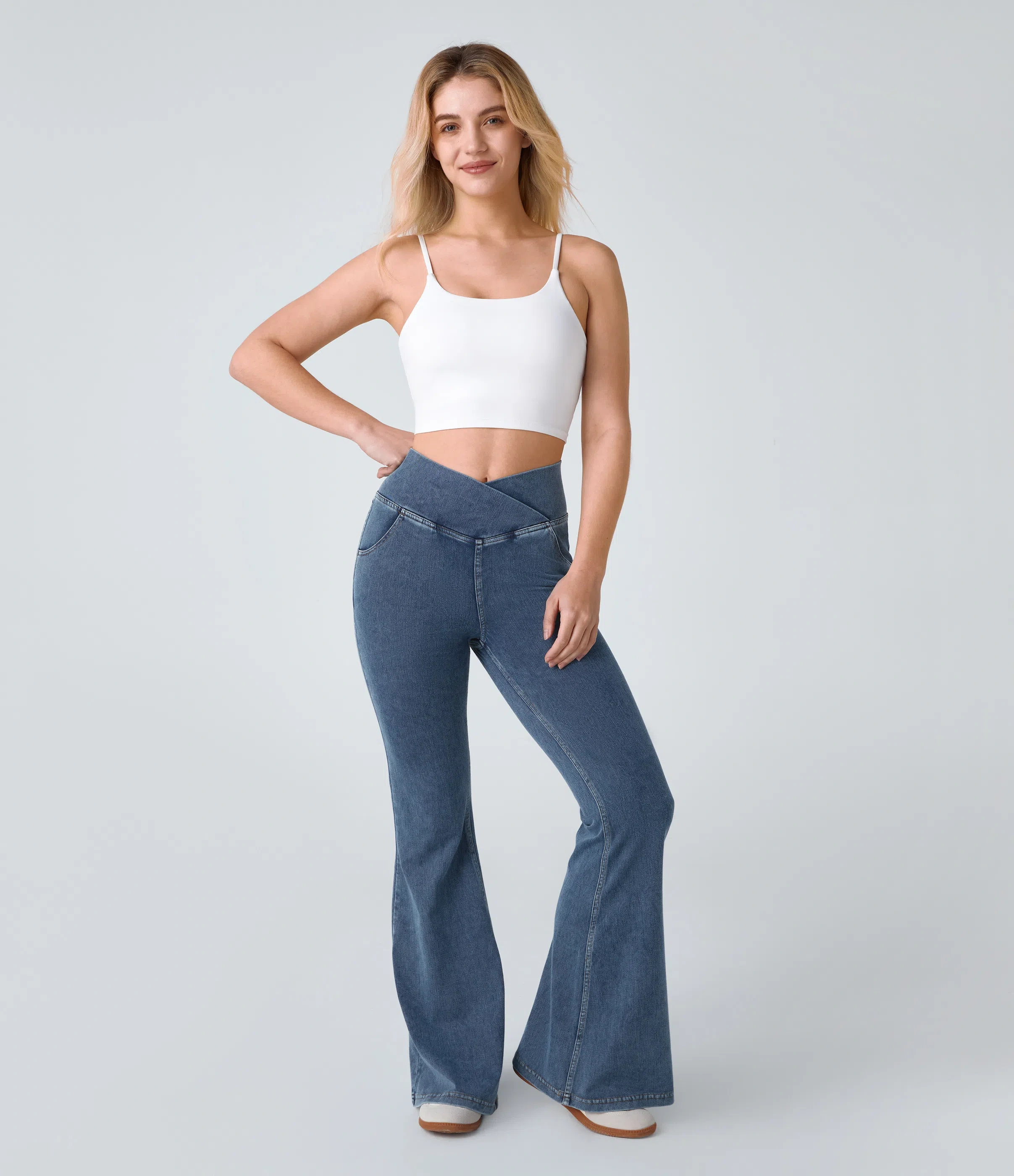 ⚡8 Packs for $25.95⚡- High Waisted Crossover Pocket Washed Stretchy Knit Casual Super Flare Jeans