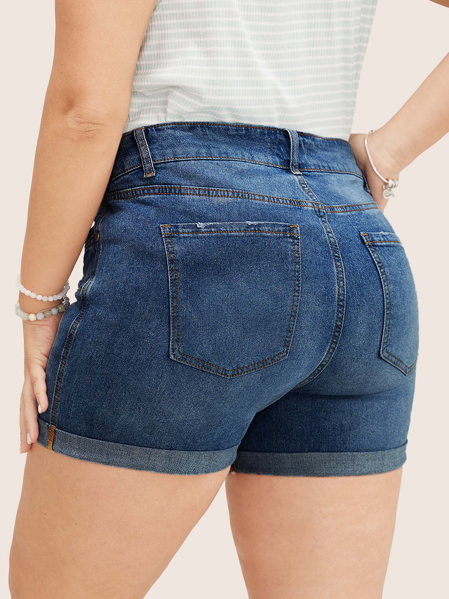 Skinny Very Stretchy Light Wash Roll Hem Distressed Denim Shorts