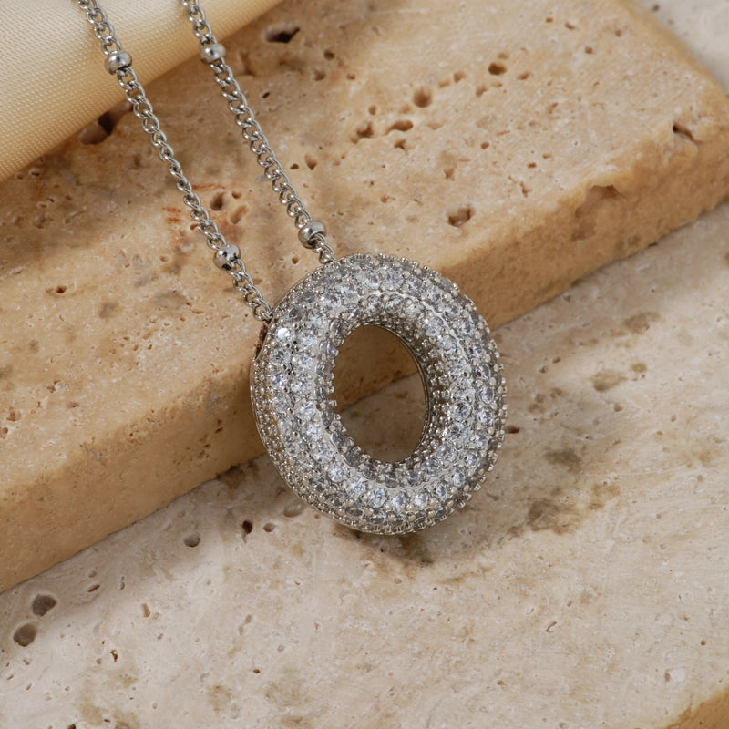 304 Stainless Steel Copper Rhodium Plated Three-dimensional Inlay Letter Zircon Pendant Necklace