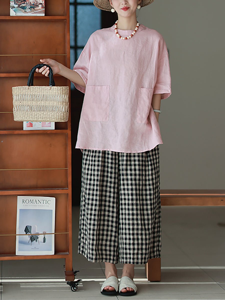 Women Summer Artsy Pure Color 100%Linen O-Neck Shirt