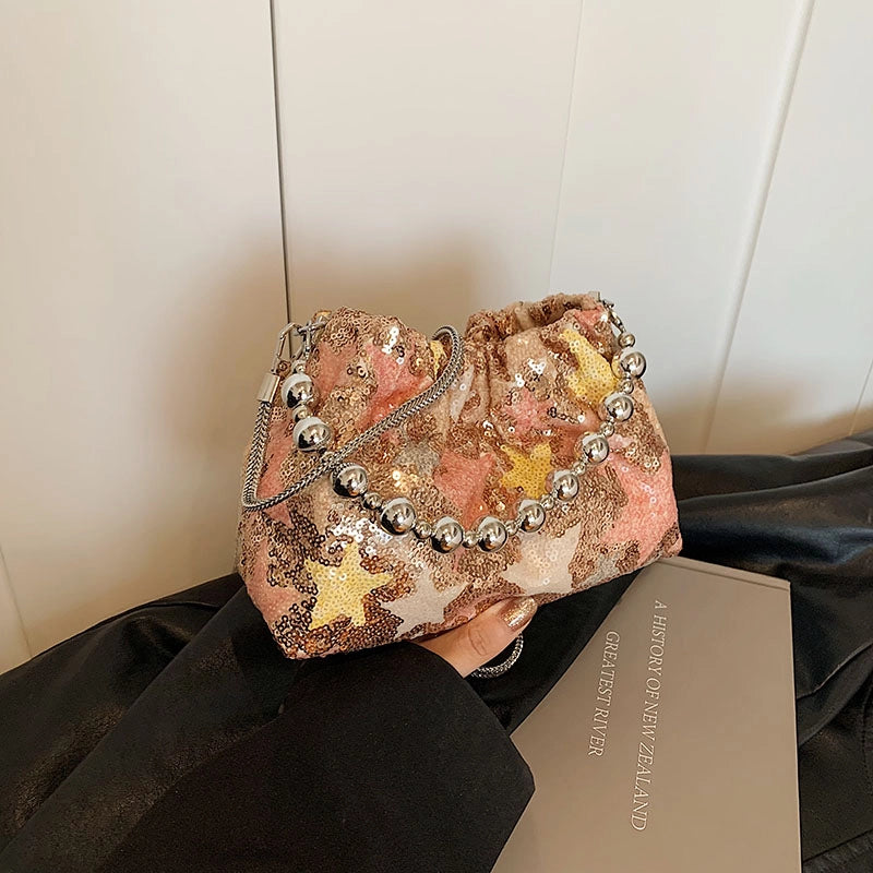 Women's Medium Pu Leather Flower Classic Style Sequins Bucket Magnetic Buckle Crossbody Bag