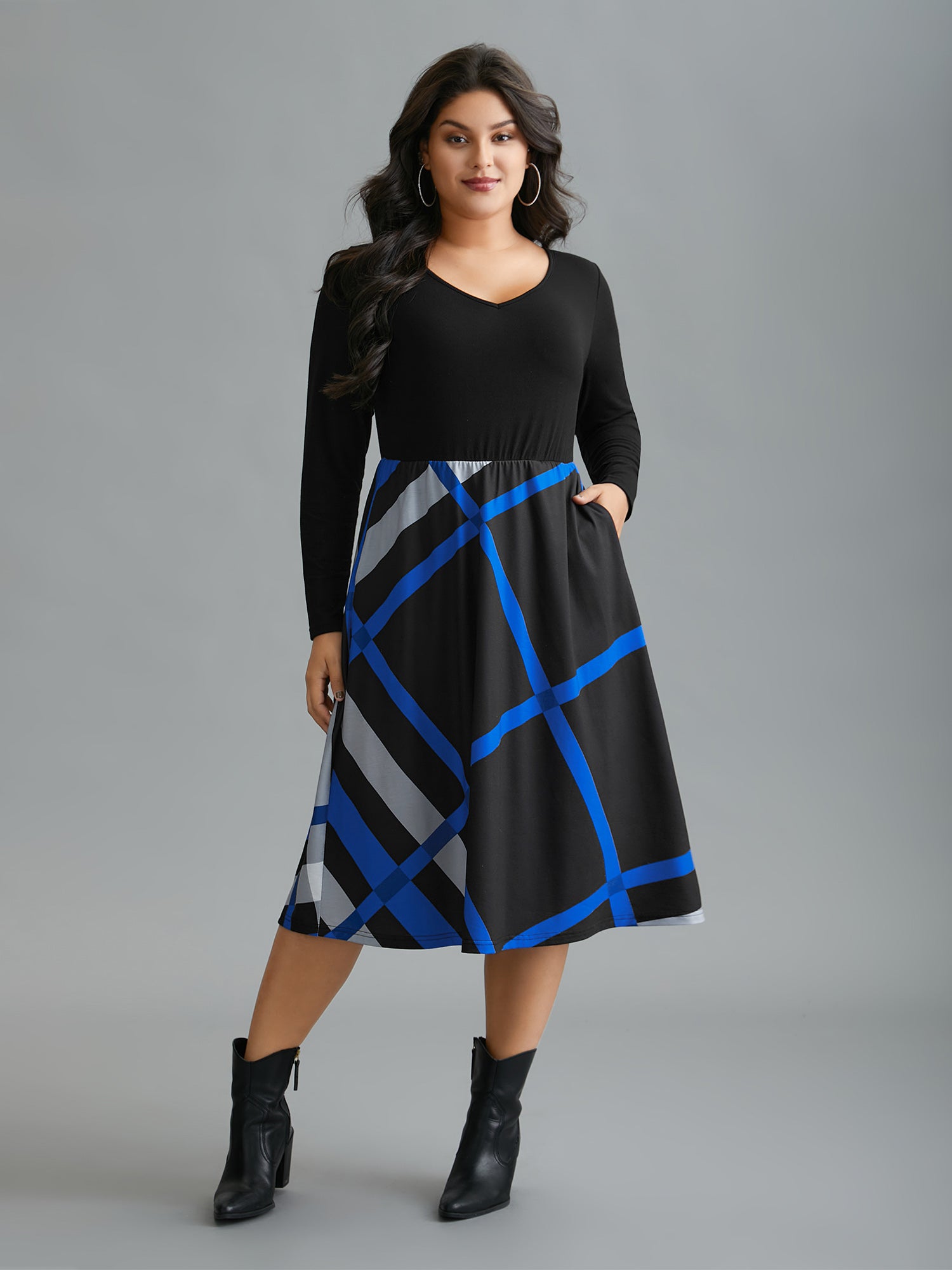 Crew Neck Colorblock Contrast Striped Pocket Dress