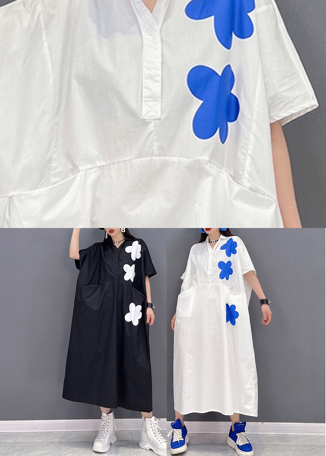 Black Floral Patchwork Pockets Button Cotton Dress Short Sleeve Summer