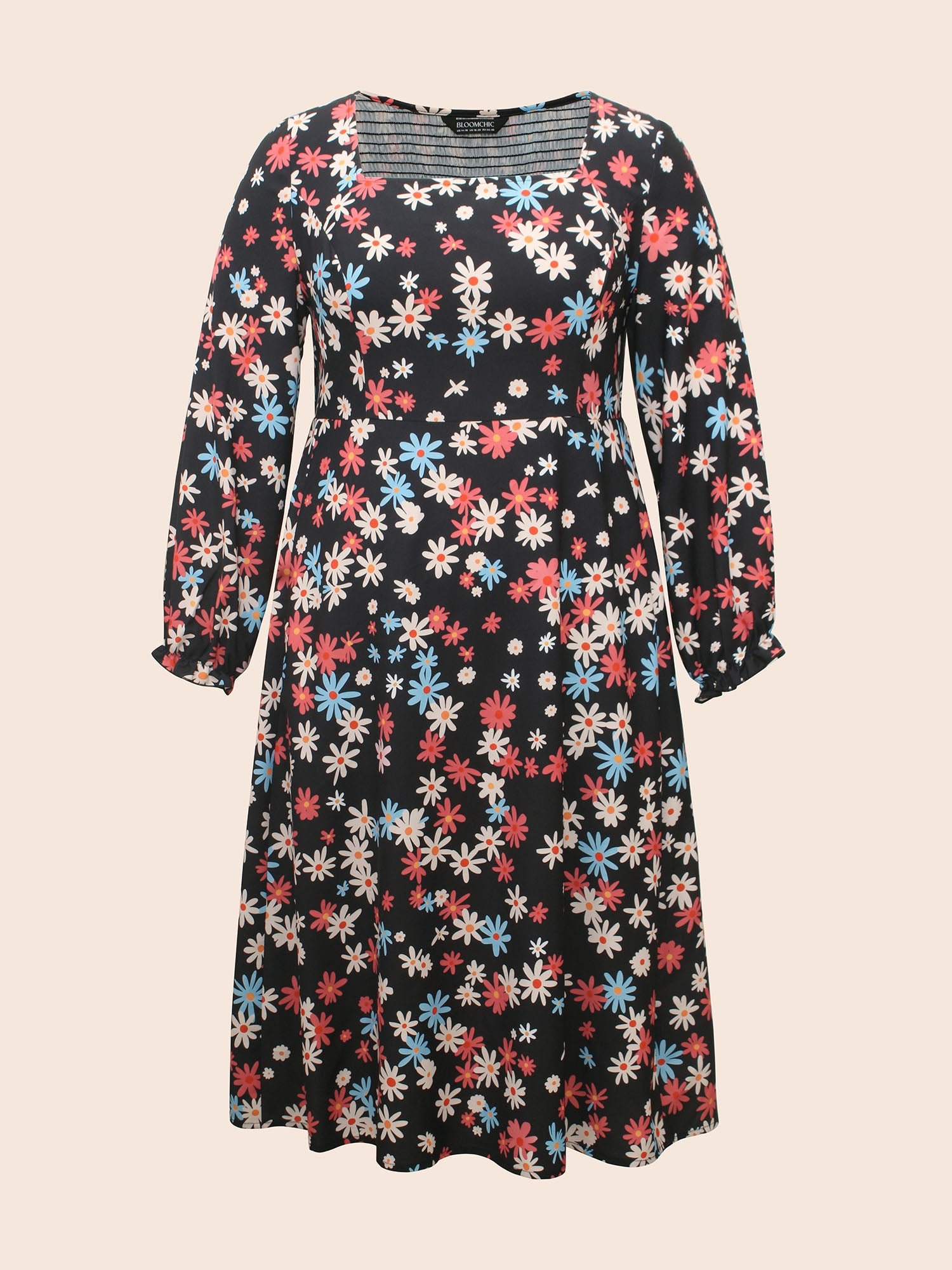 Floral Square Neck Lantern Sleeve Dress