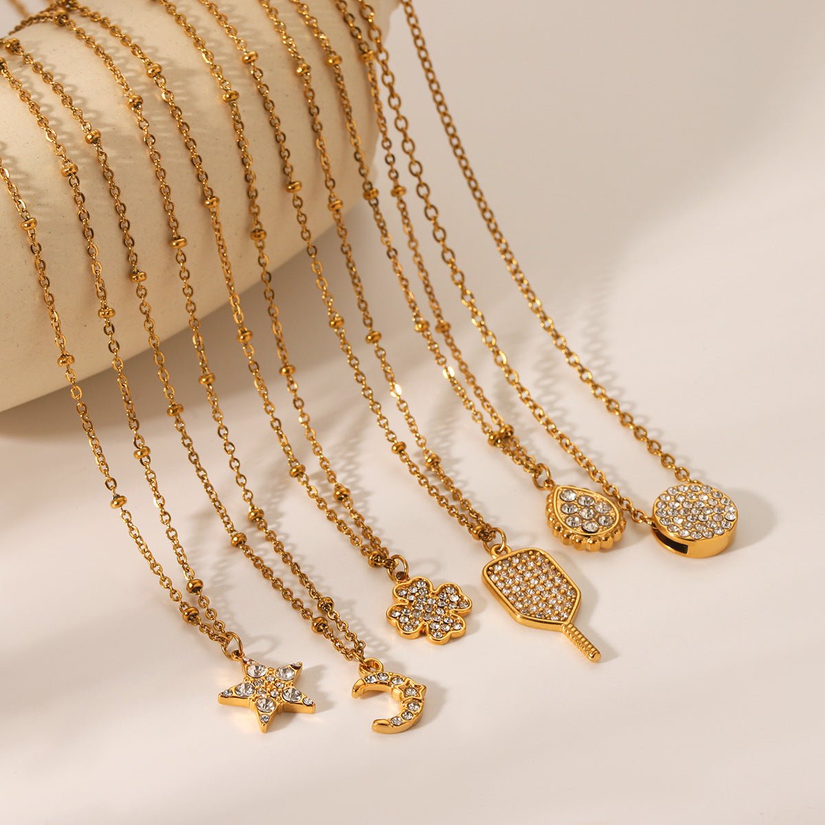 Ins18K Gold Stainless Steel Diamond Water Drop Moon Five-Pointed Star Four-Leaf Clover Pendant Necklace Titanium Steel Clavicle Chain
