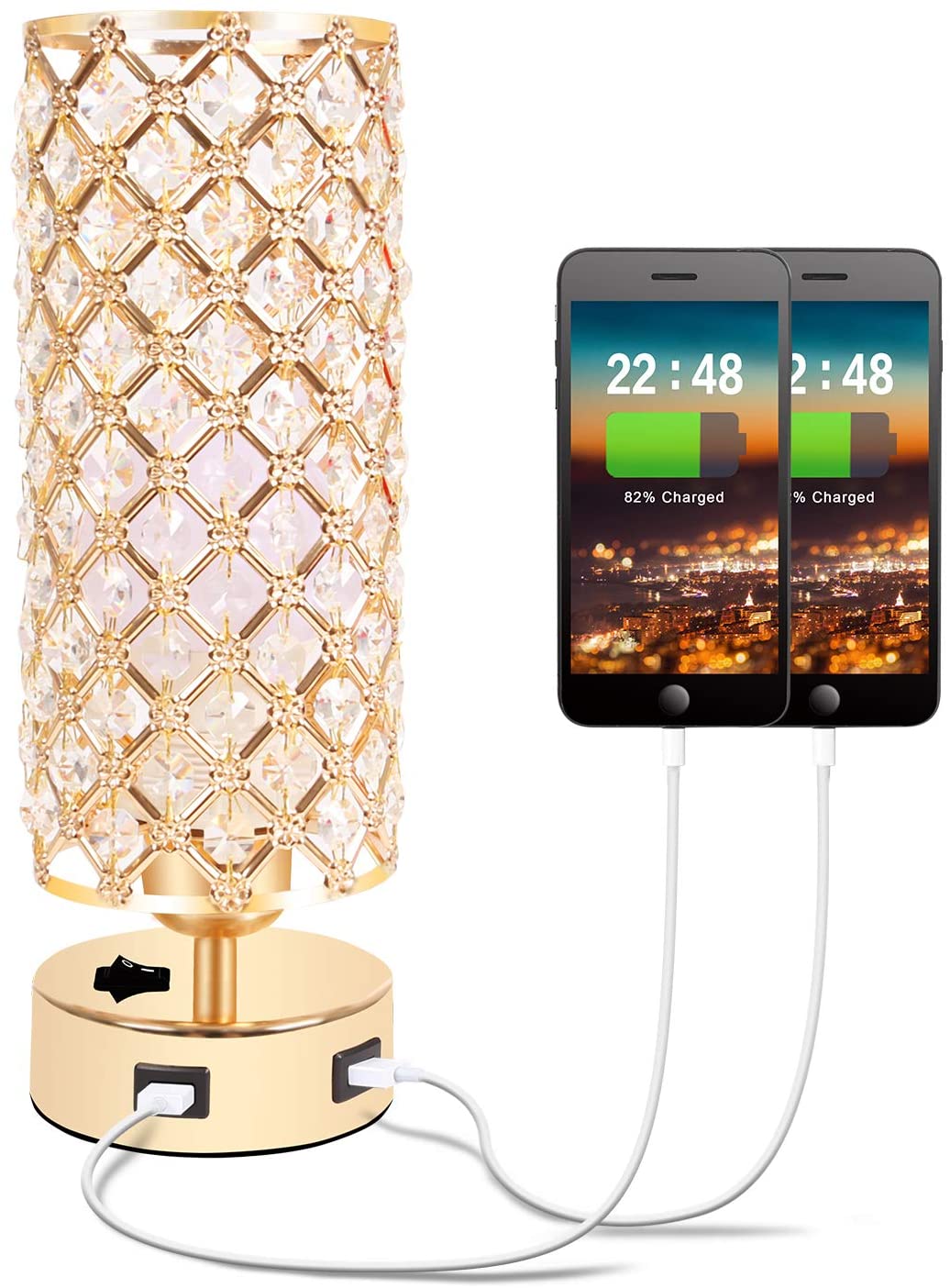 USB Crystal Table Lamp. Gold Table Lamp with Dual USB Charging Ports