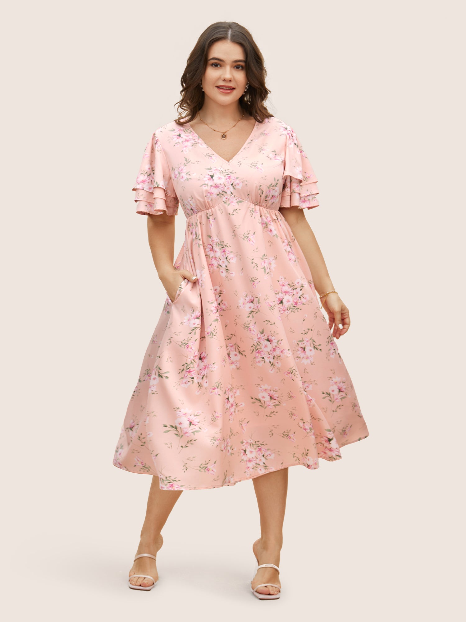 Floral Elastic Waist Tiered Ruffle Sleeve Dress