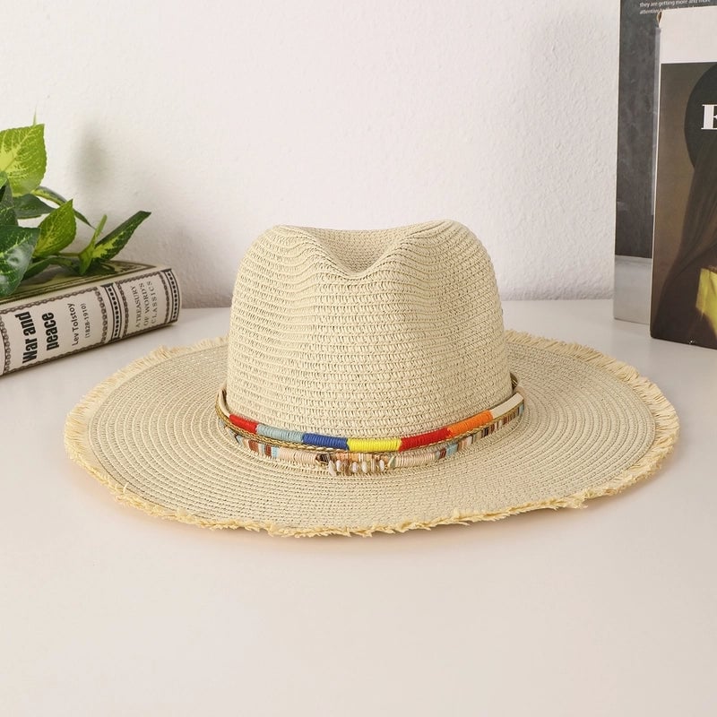 Women's Casual Vacation Beach Solid Color Beaded Big Eaves Straw Hat
