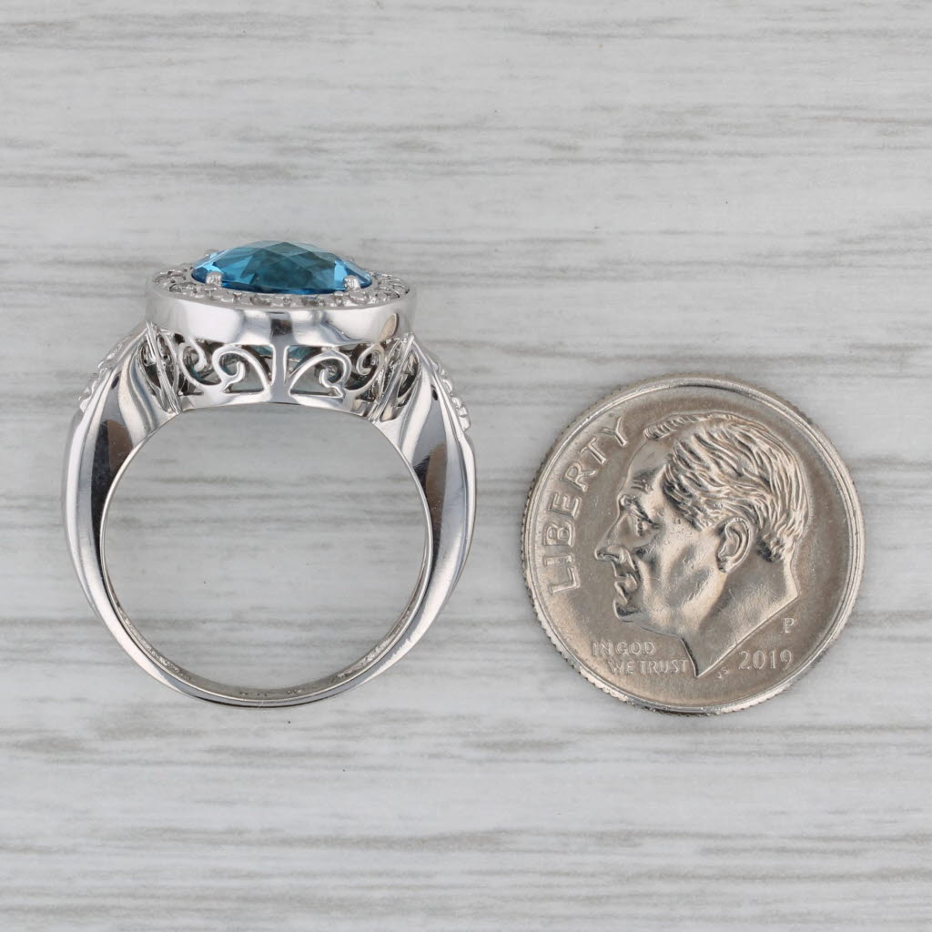 3.60ctw Blue Topaz Diamond Halo Ring 14k White Gold Size 6