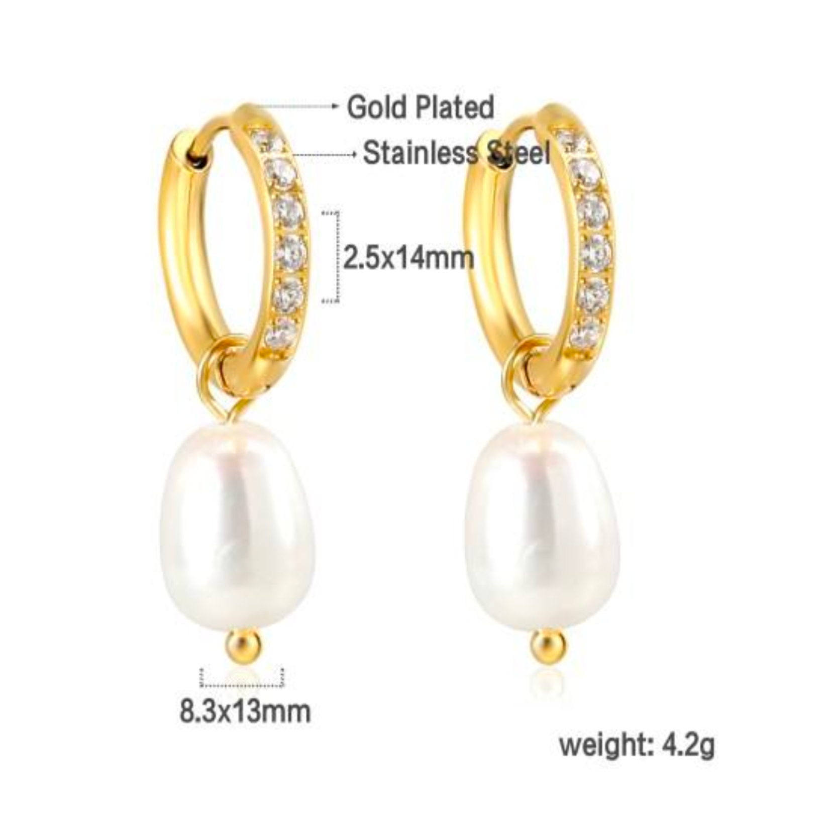 10mm Sparkled fresh water drop pearl hoops - Gold