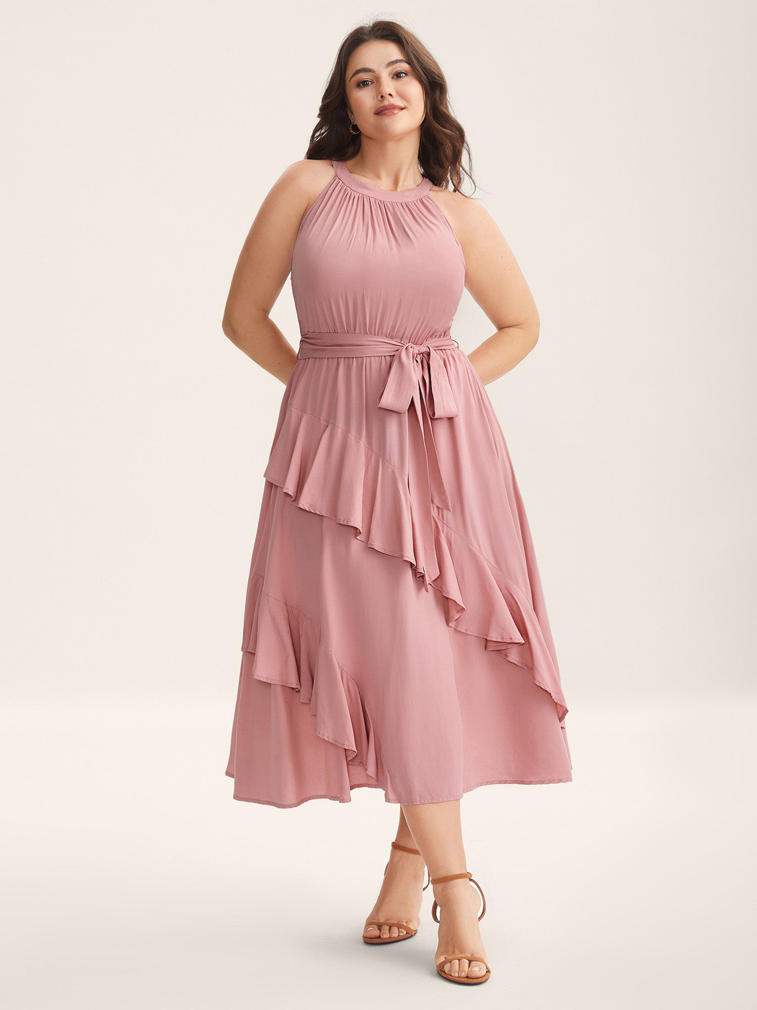 Ruffled Halter Neck Solid Midi Dress