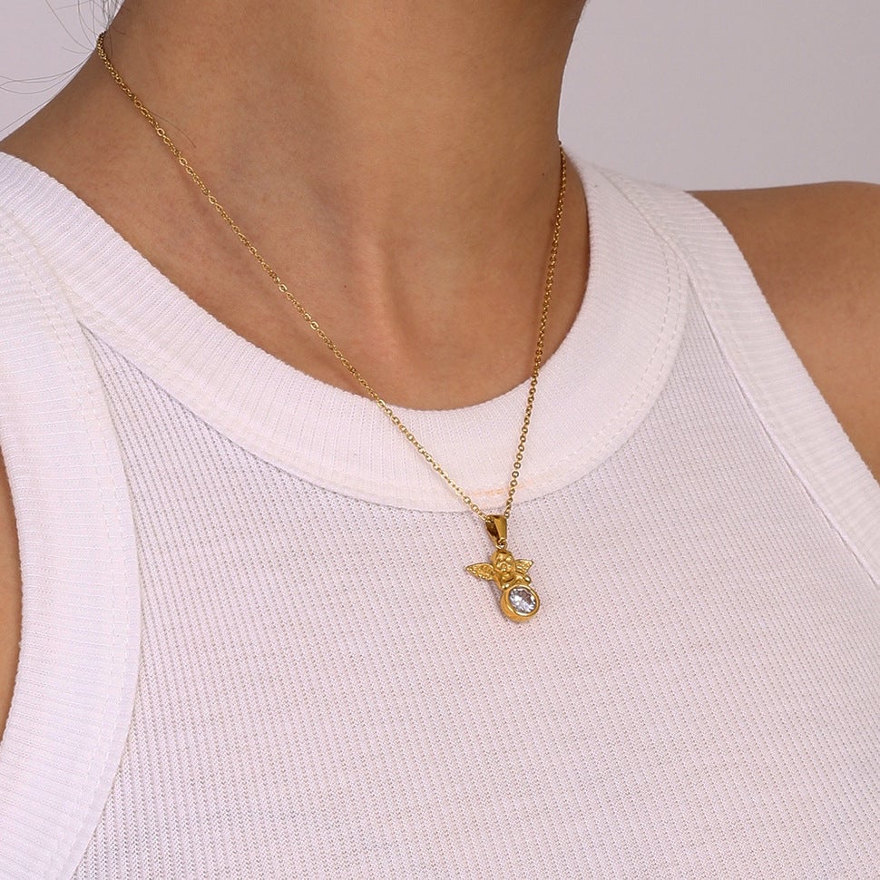 Stainless Steel Angel Zircon Necklace Accessories Clavicle Chain Titanium Steel Necklace