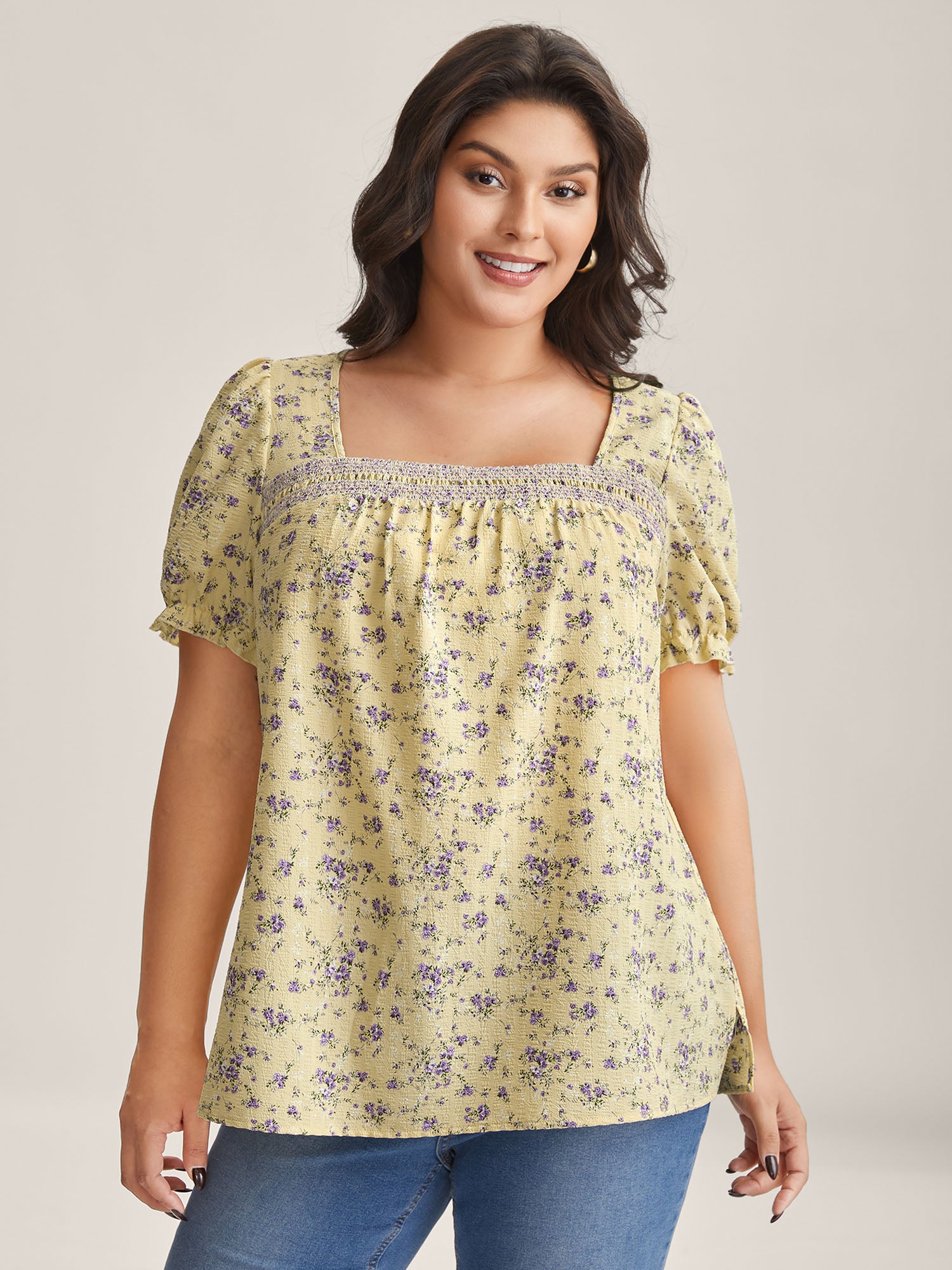 Floral Print Shirred Neck Color Contrast Blouse