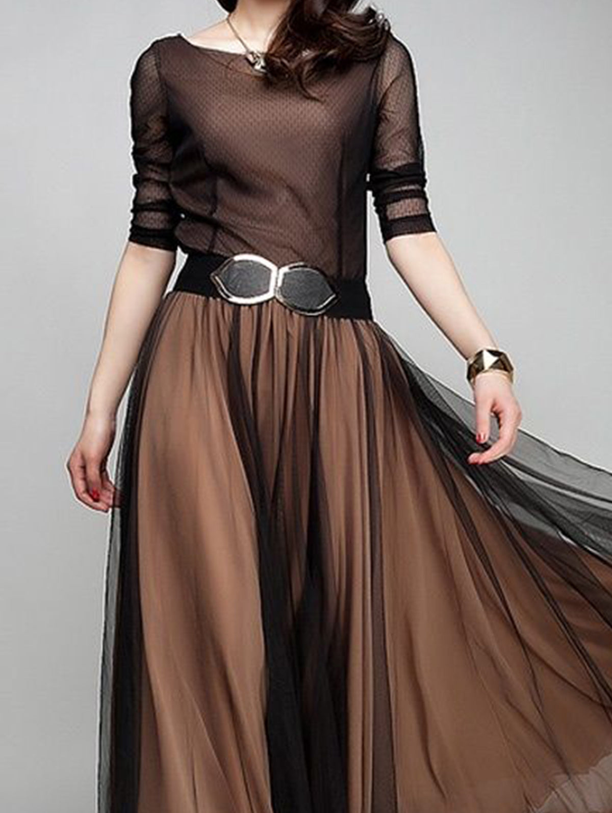 Elegant Plain Boat Neck Flowy Hem Maxi Dress <Ship in 24 hours>