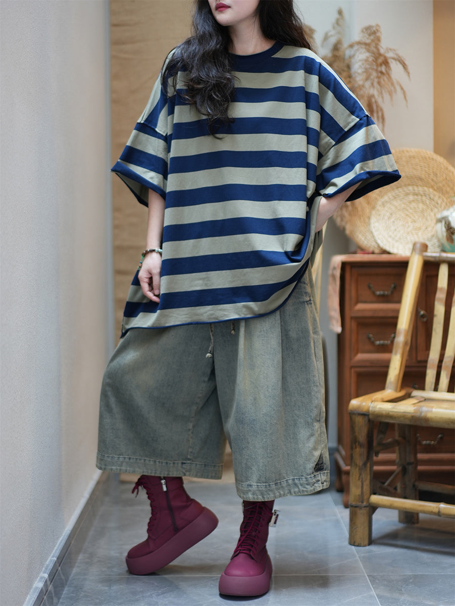 Women Summer Casual Stripe O-Neck Cotton Shirt