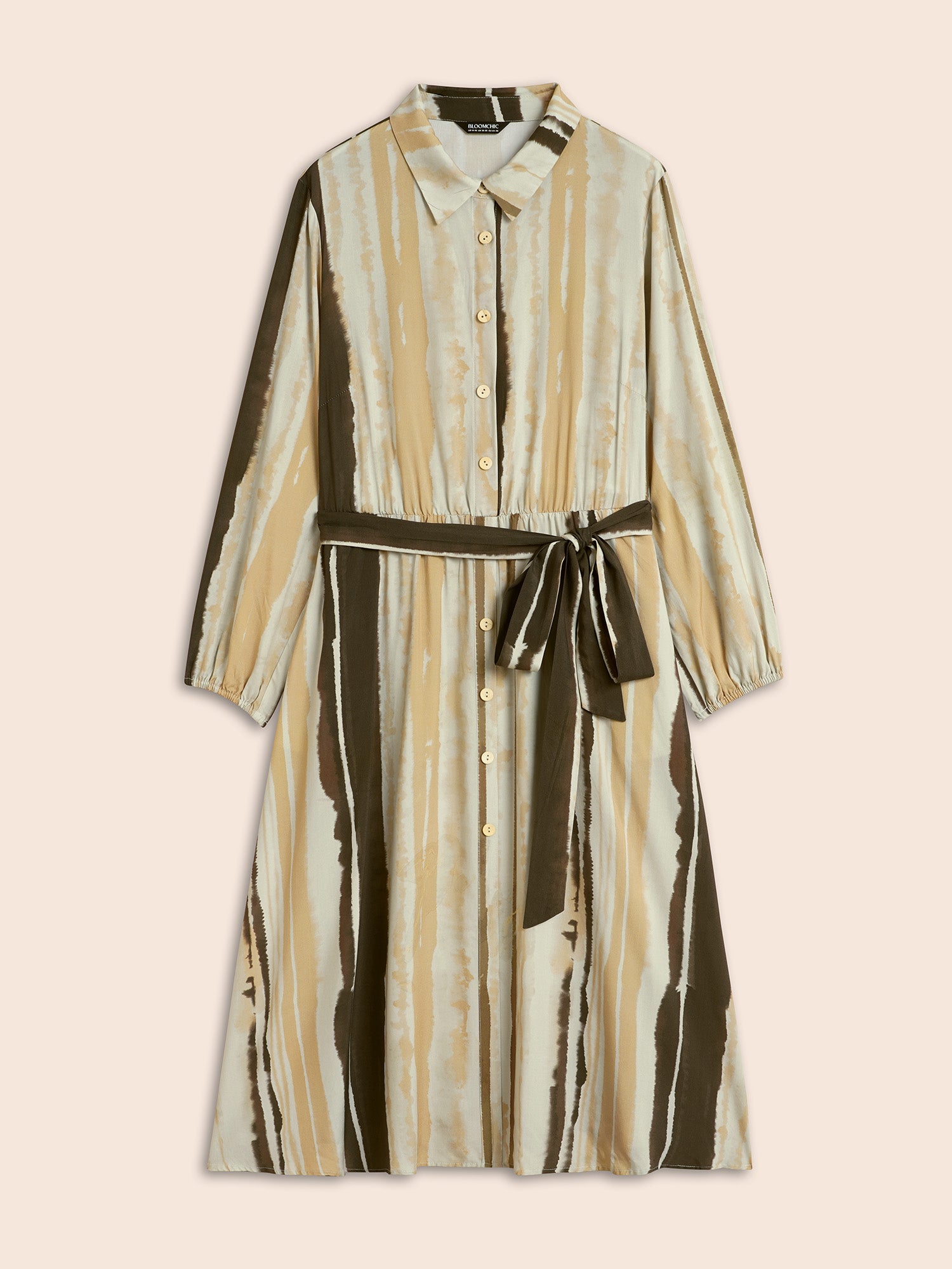 Shirt Collar Striped Pocket Belted Dress