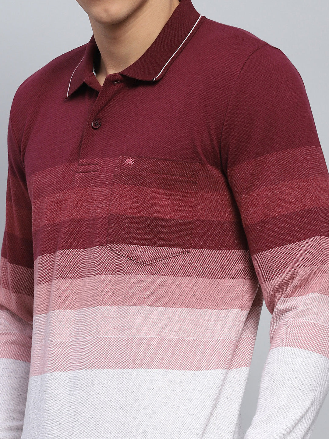 Men Maroo & White Stripe Collar Full Sleeve Winter T-Shirt