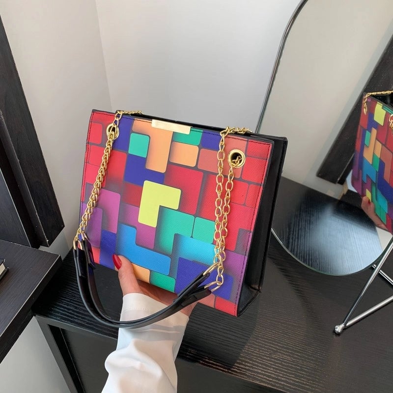 Women's Pu Leather Color Block Lattice Streetwear Square Zipper Shoulder Bag Crossbody Bag