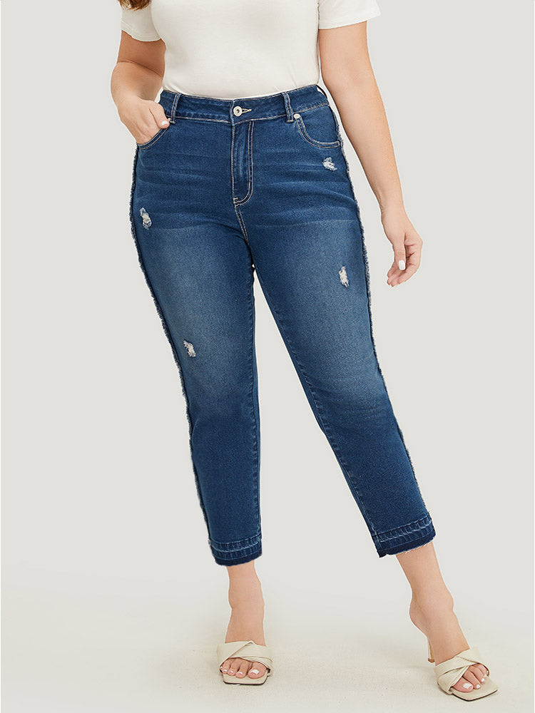 Very Stretchy High Rise Medium Wash Raw Trim Jeans
