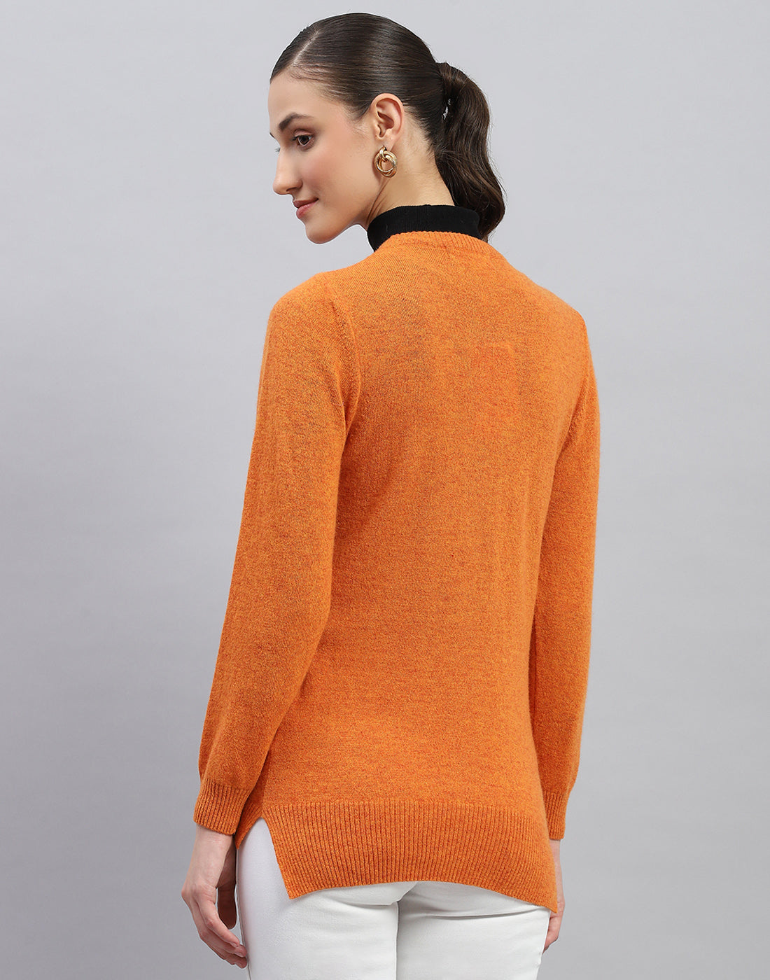 Women Orange Solid Round Neck Full Sleeve Cardigan