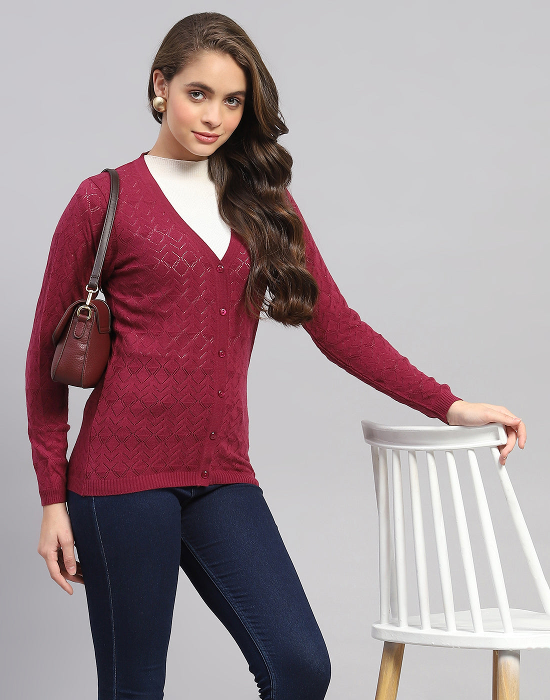 Women Maroon Self Design V Neck Full Sleeve Cardigan