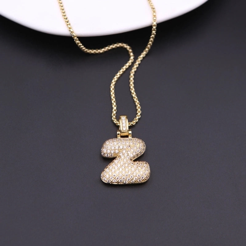 Copper Minimalist Shiny Plating Hollow Out Inlay Letter Zircon Pendant Necklace