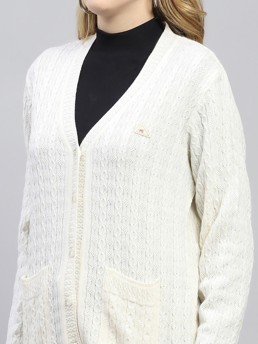 Women White Self Design V Neck Full Sleeve Cardigan