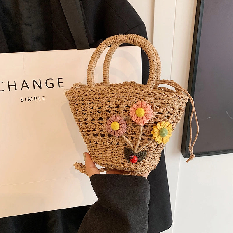 Women's Medium Straw Solid Color Flower Vacation Beach Weave Bucket String Straw Bag
