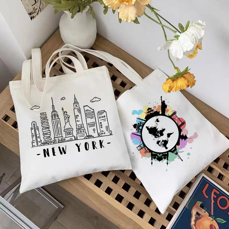 Women's Large Canvas Letter Building Streetwear Square Open Shoulder Bag