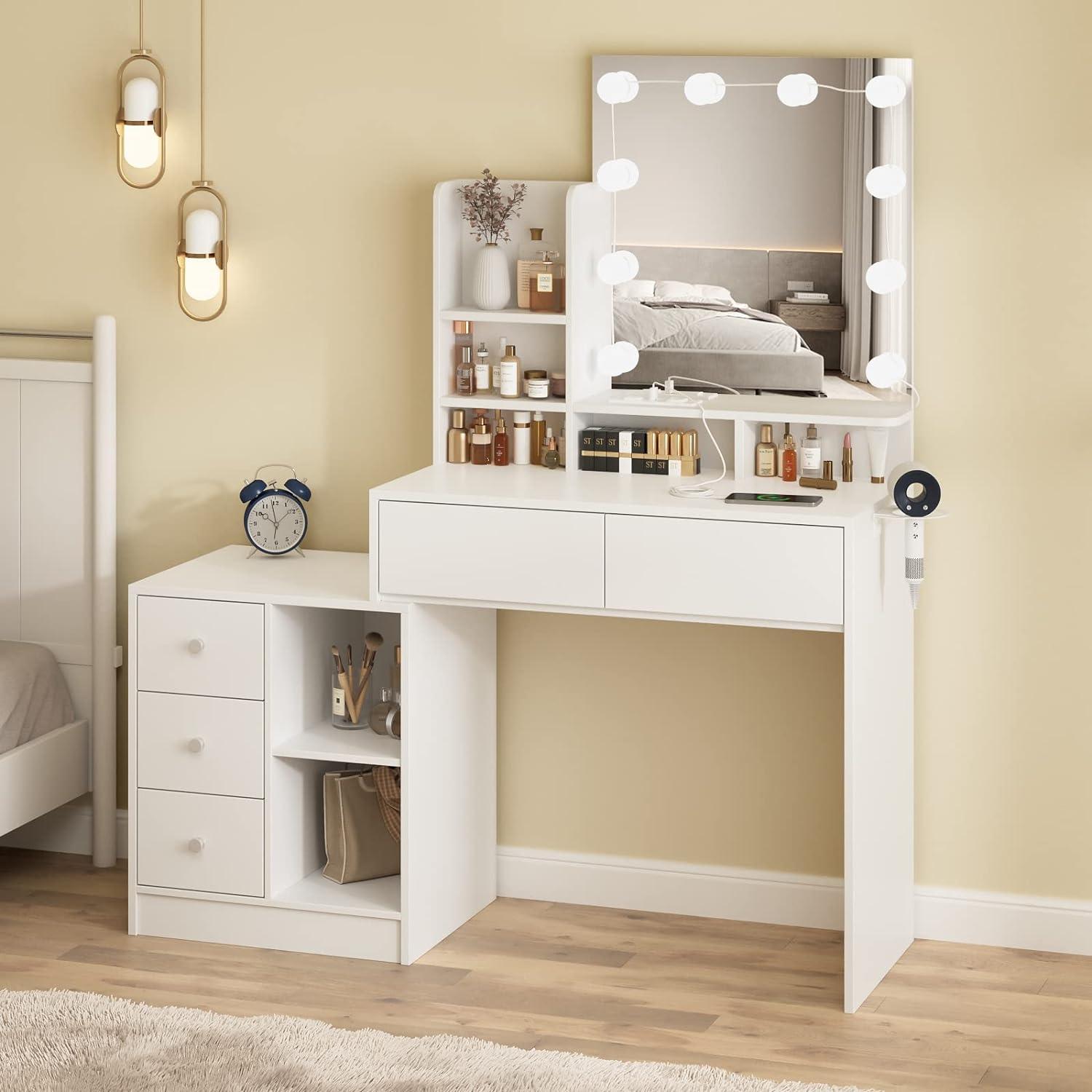 Functional White Vanity Table with 5 Drawers and Lots Storage Shelves for Women Girls