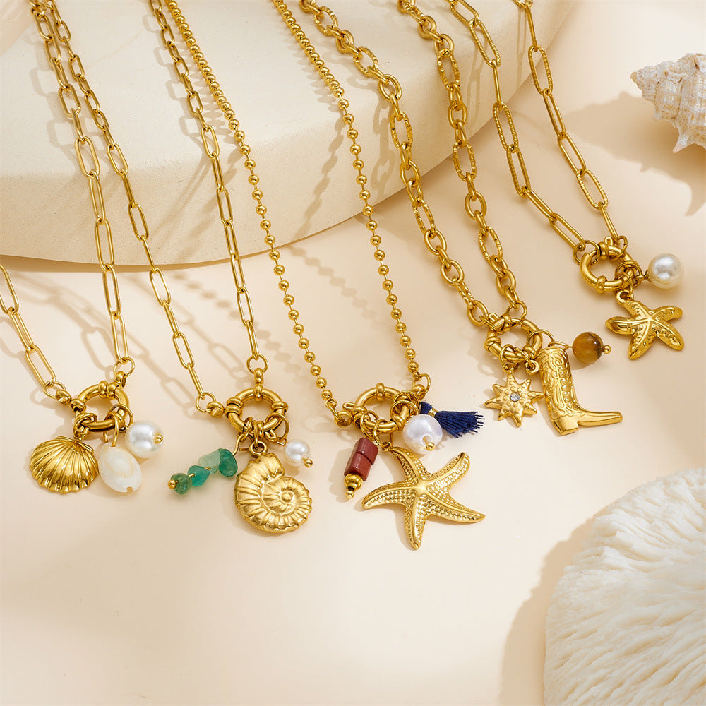 Fashion Ocean Series Accessories Pendant Gold-Plated Stainless Steel Starfish Shell Multi-Element Oil Drop Butterfly Necklace