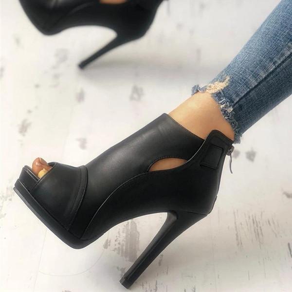 Black Peep Toe Stilettos Platform High Heel Ankle Boots