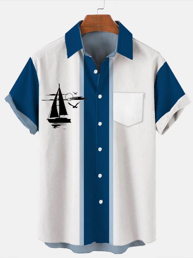 resort striped boat print short sleeve pocket shirt