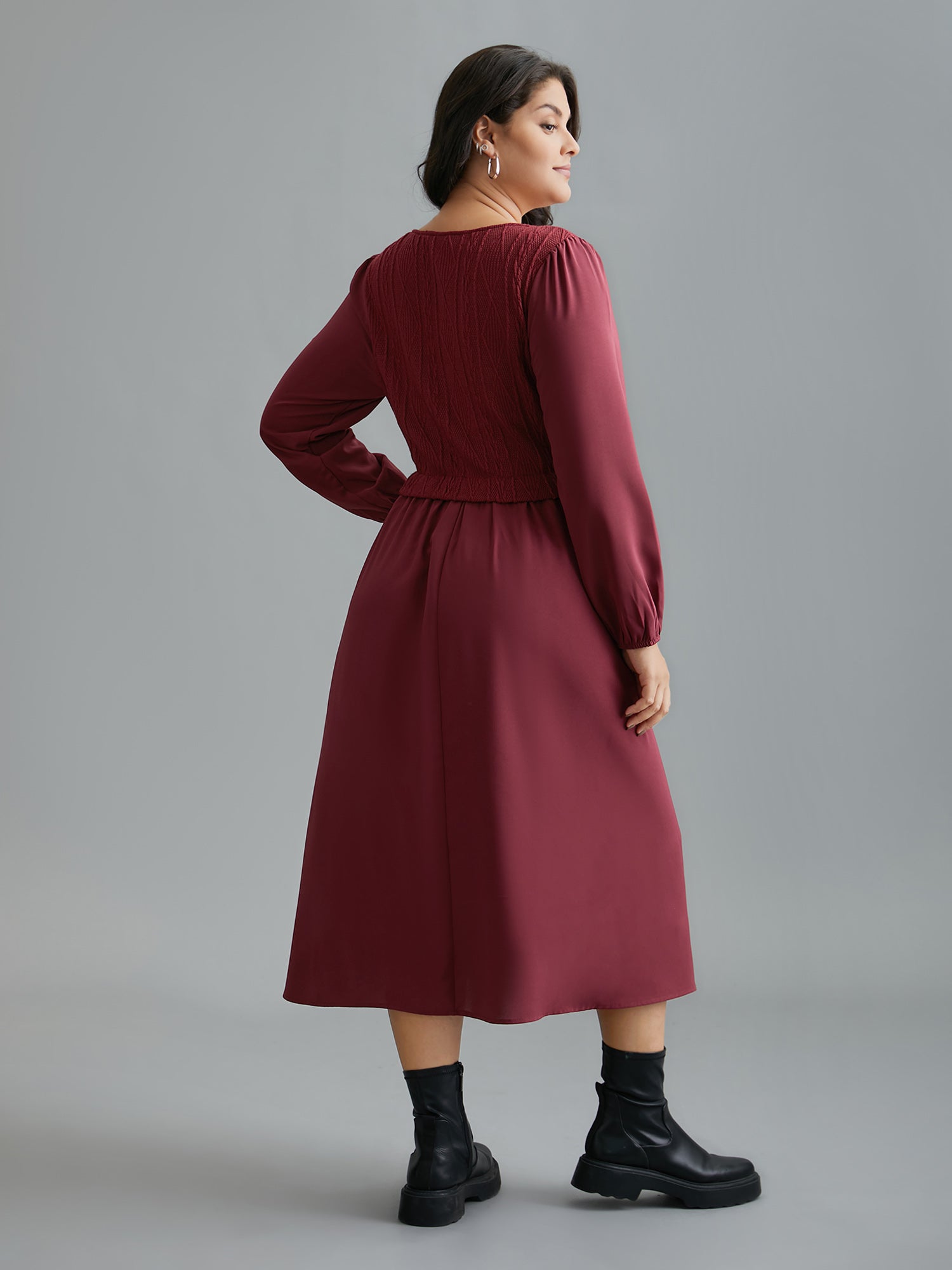 Solid Cable Knit Lantern Sleeve Dress