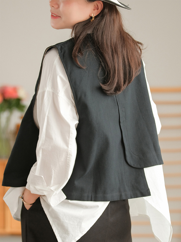 Vintage Asymmetric Solid Color Buttoned Vest Top