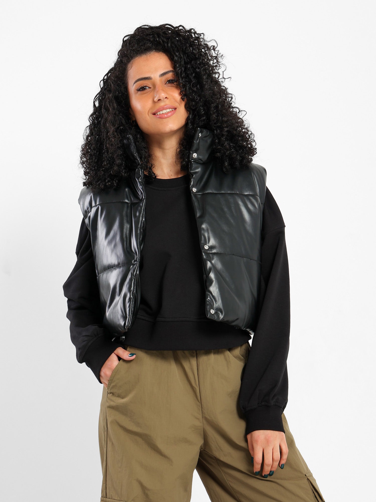 Cropped Puffer Leather Vest