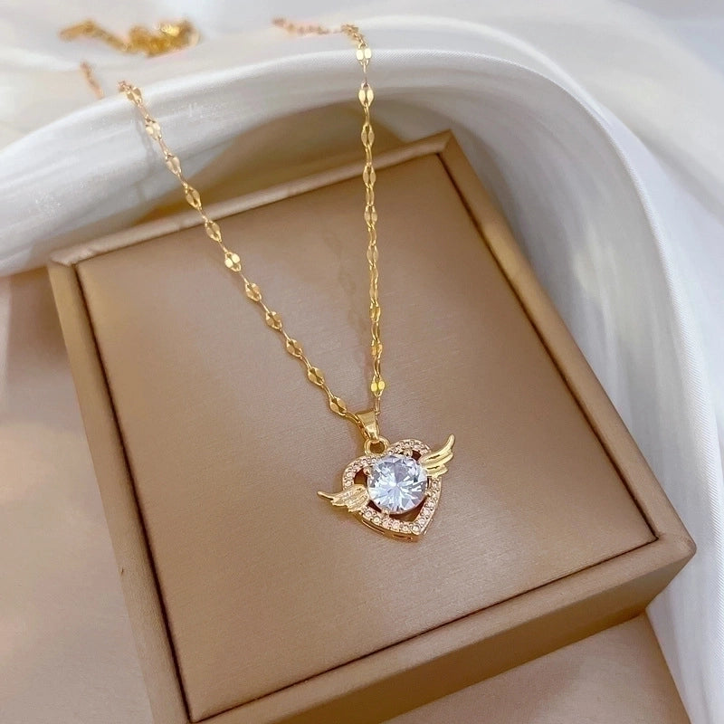 2 Pieces Minimalist Classic Style Geometric Heart Shape Titanium Steel Copper Zircon Pendant Necklace In Bulk