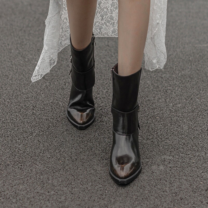 Western Boots Mid Calf Boots Block Heel - Black/Red Cowgirl Boots All Genuine Leather