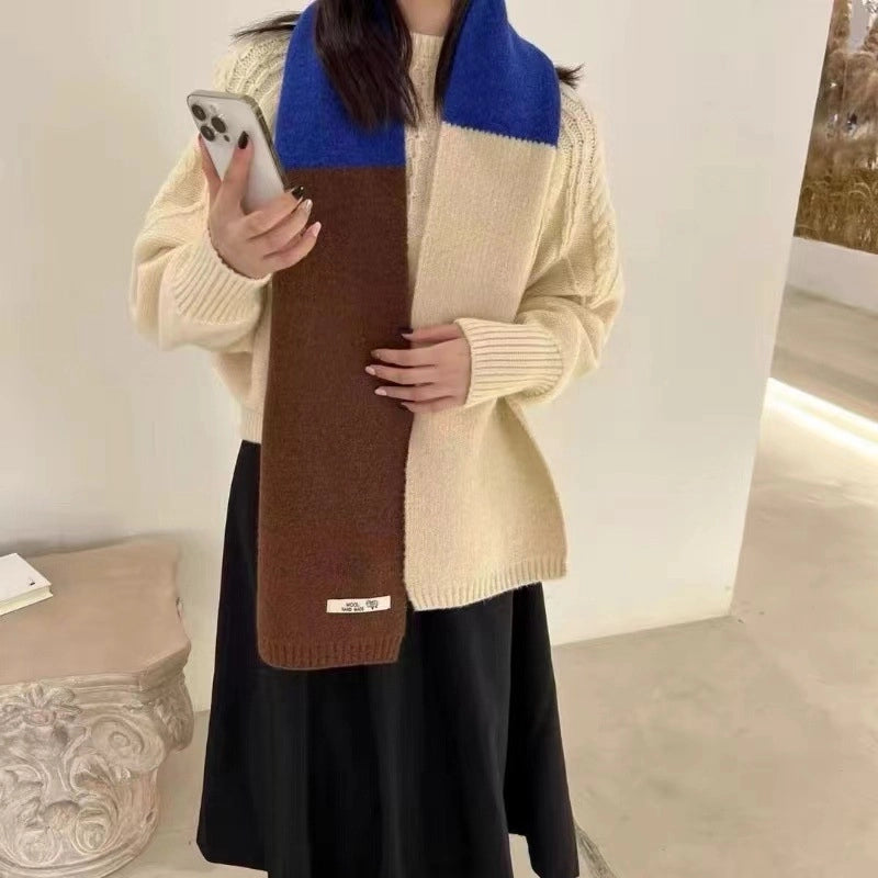 New Autumn And Winter Style Contrast Color Scarf Female Neck Protection Korean Cute Student Warm Knitted Scarf Male