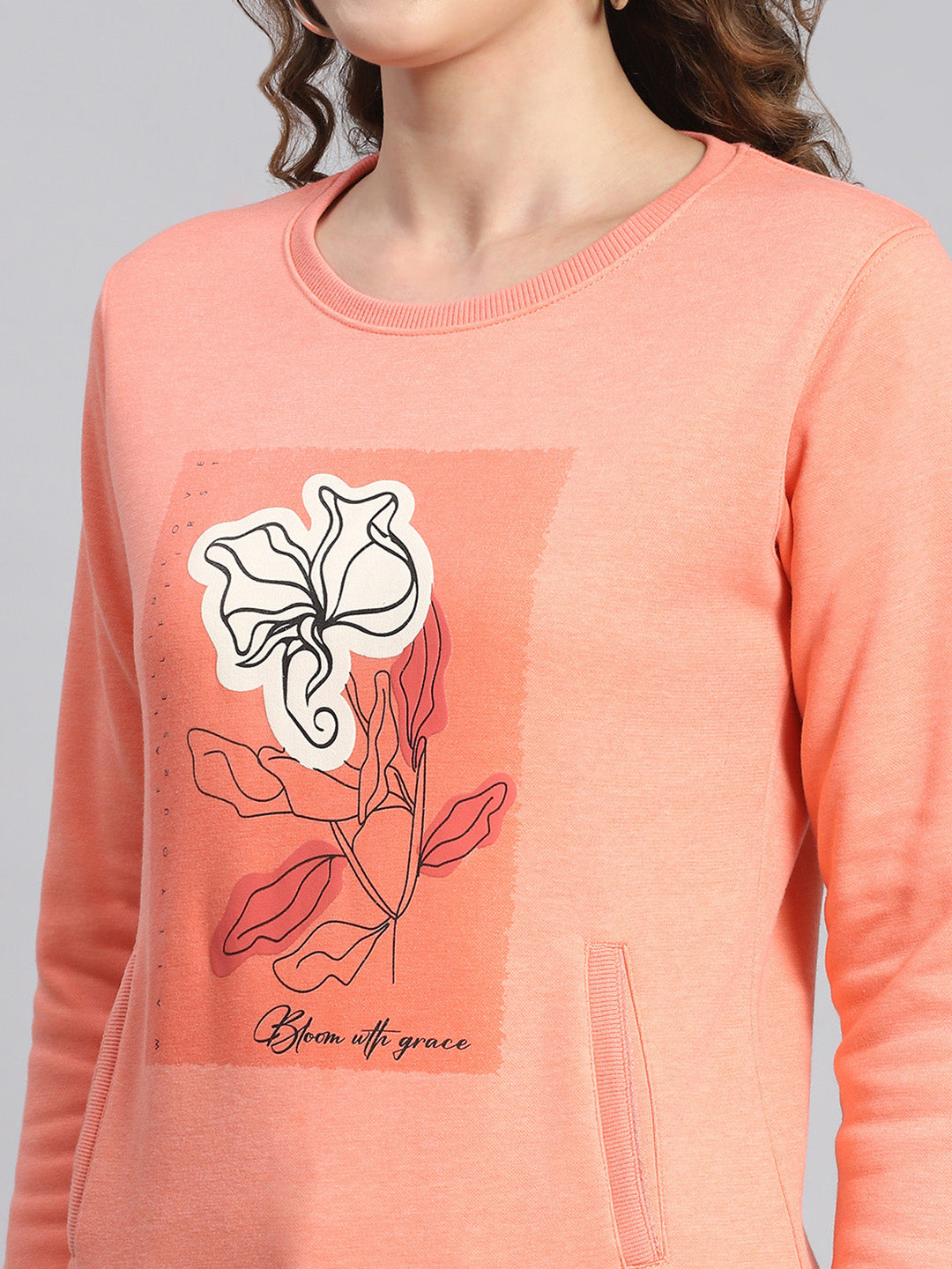 Women Pink Printed Round Neck Full Sleeve Sweatshirts