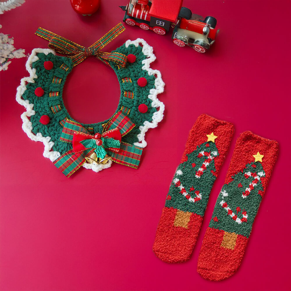 Christmas Santa Claus Knitted Scarf Matching Socks For Pet And Owner