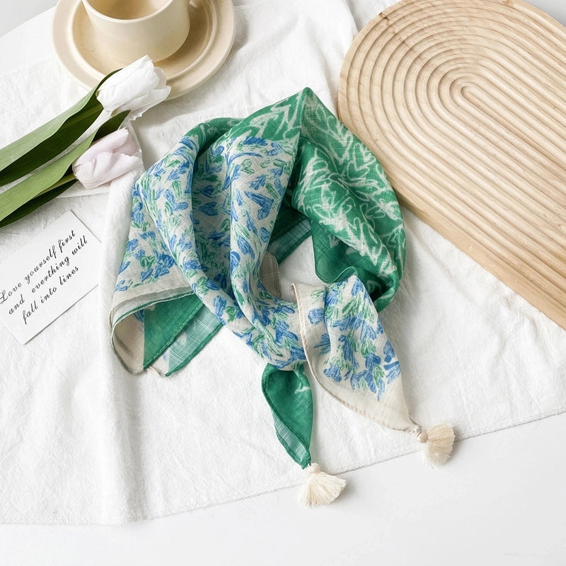 Women's Casual Minimalist Flower Cotton Printing Silk Scarf Kerchief