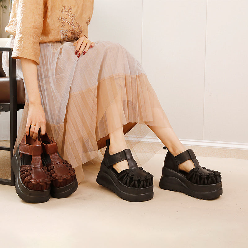 80mm Heel Fashion Chunky Platform T-Strap Cow Leather Sandals in Black/Brown