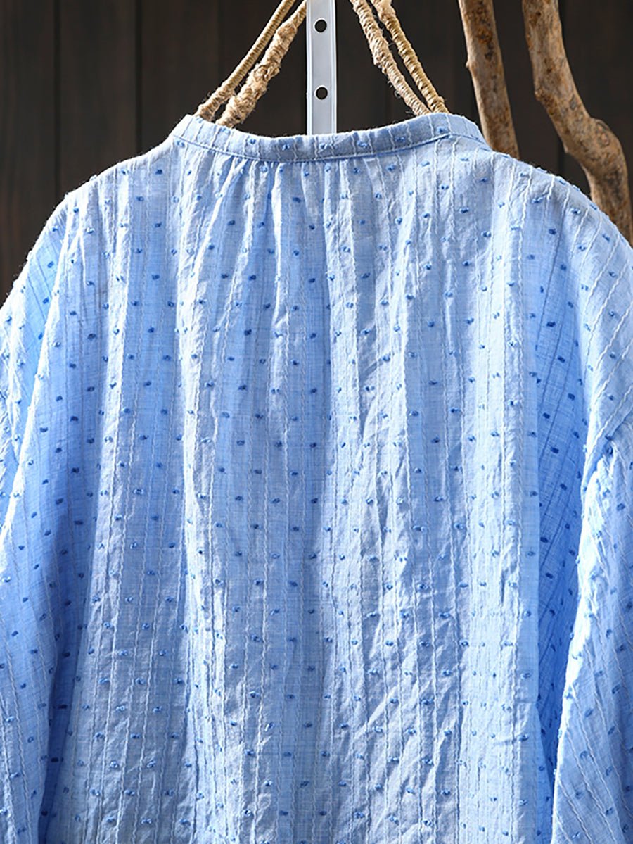 Women Summer Dot Jacquard Stand Collar 100%Cotton Shirt